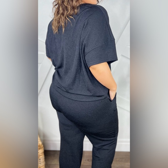 Double Take Textured Round Neck Short Sleeve T-Shirt and Wide Leg Pants set - Picture 3 of 5